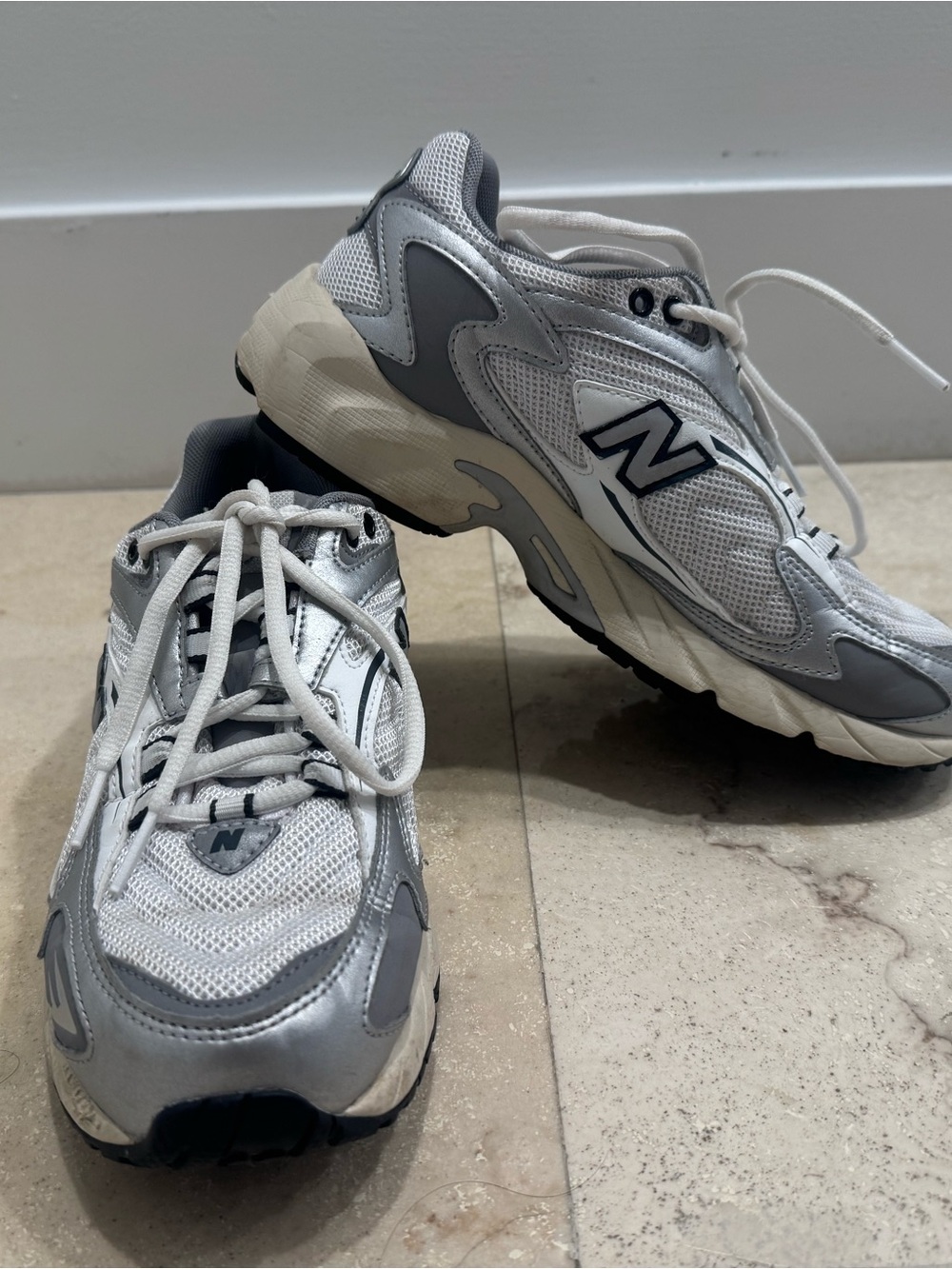 New Balance White and Gray Mesh Athletic Sneakers